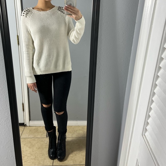 Express Sweaters - Express white knitted studded sleeve sweater